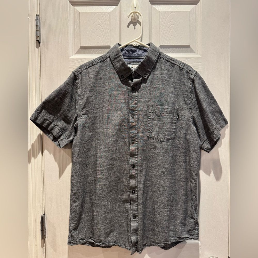 Hurley Men's Large Short Sleeve Cotton Woven Button Down Shirt Heathered Grey